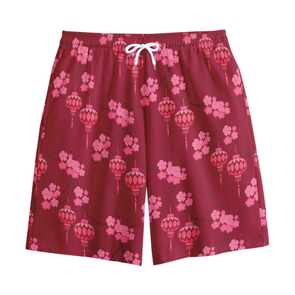 Pink Japanese Lantern Pattern Print Cotton Shorts