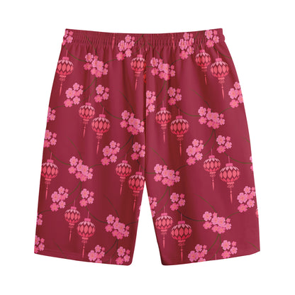Pink Japanese Lantern Pattern Print Cotton Shorts