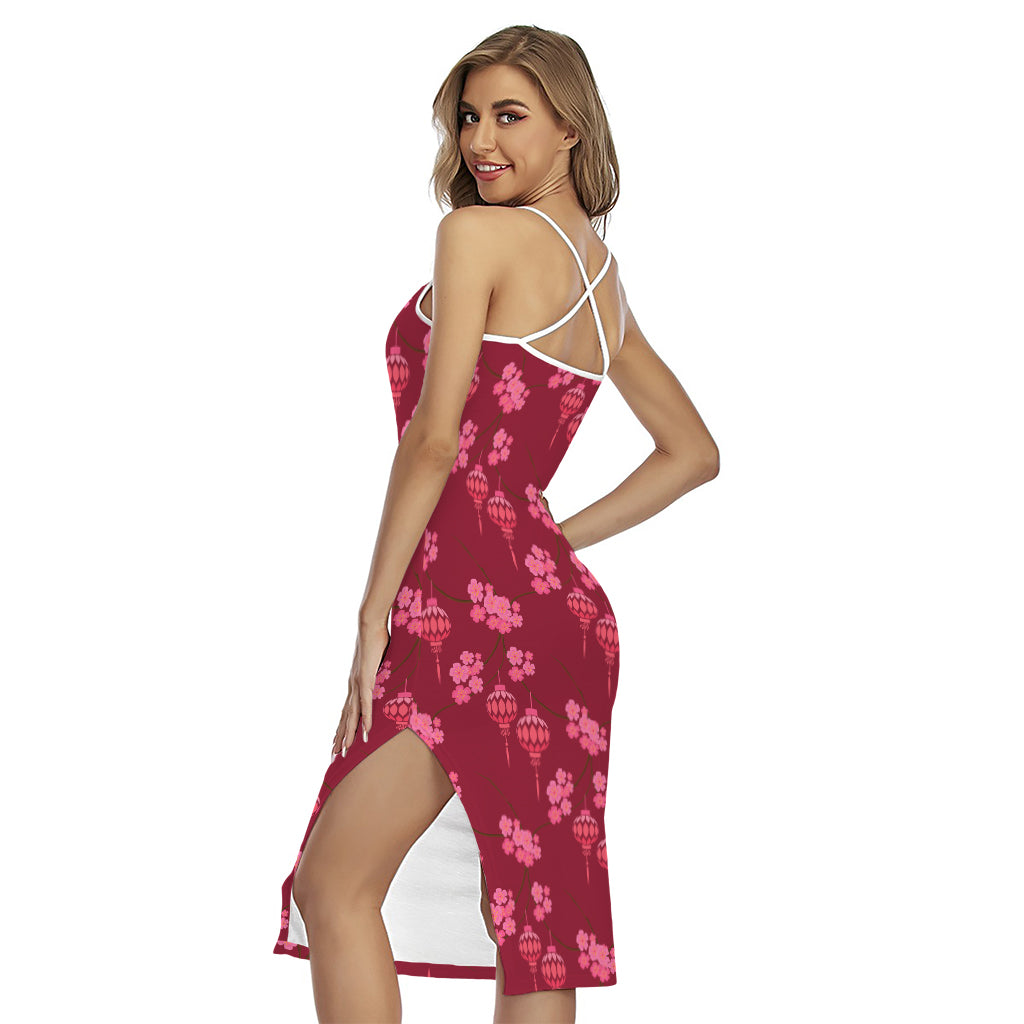 Pink Japanese Lantern Pattern Print Cross Back Cami Dress