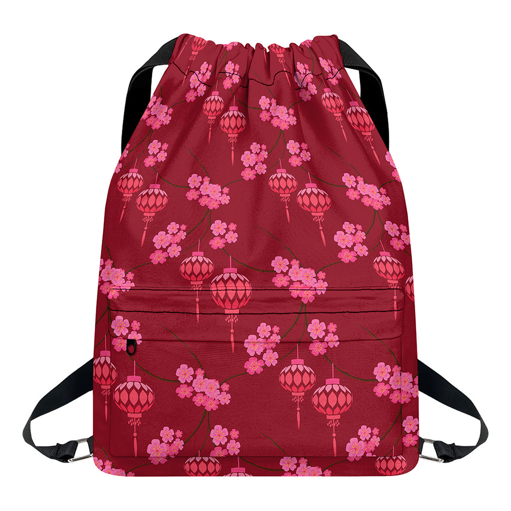 Pink Japanese Lantern Pattern Print Drawstring Backpack