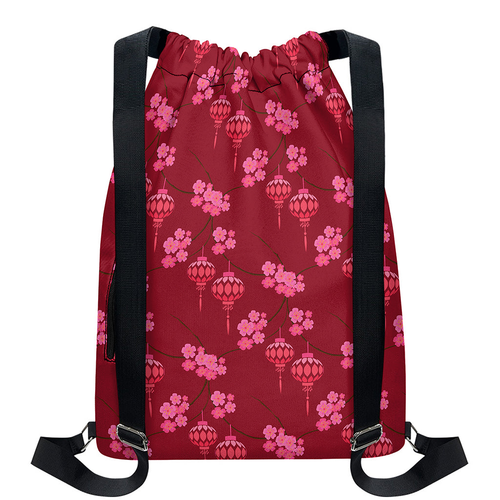 Pink Japanese Lantern Pattern Print Drawstring Backpack