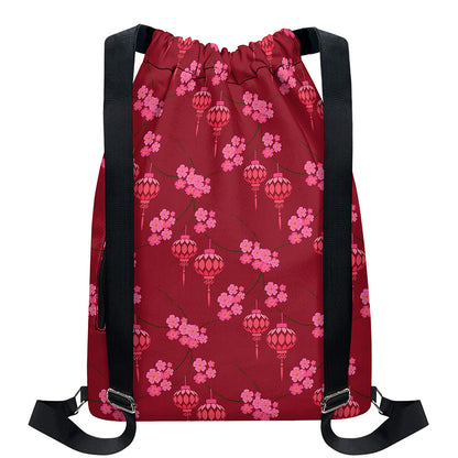 Pink Japanese Lantern Pattern Print Drawstring Backpack