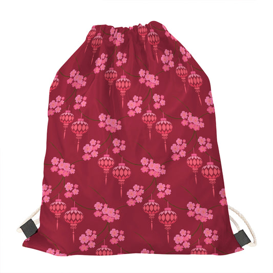 Pink Japanese Lantern Pattern Print Drawstring Bag