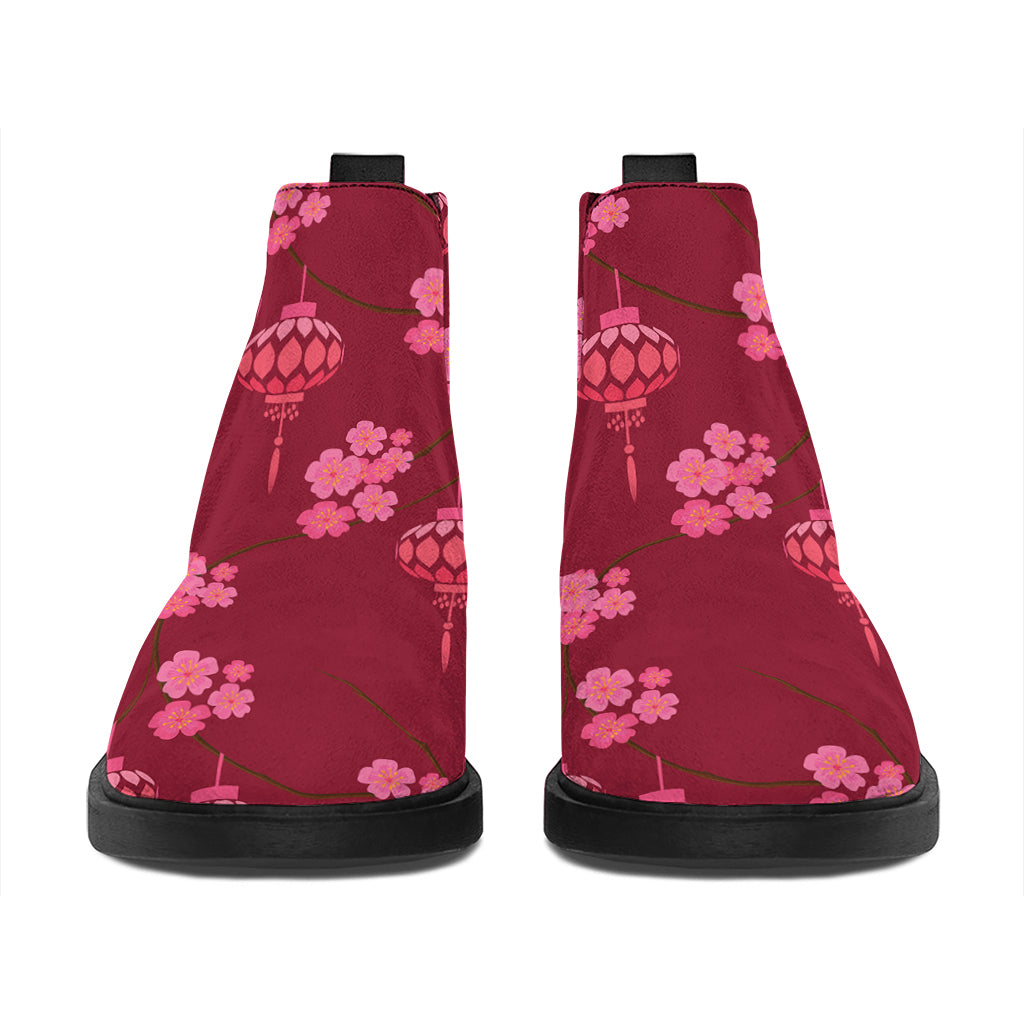 Pink Japanese Lantern Pattern Print Flat Ankle Boots