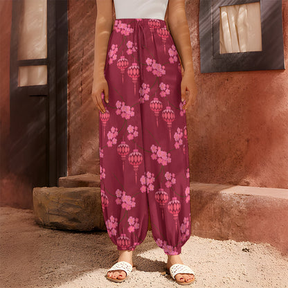 Pink Japanese Lantern Pattern Print Harem Pants