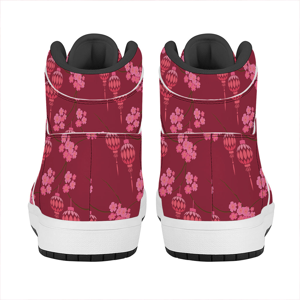 Pink Japanese Lantern Pattern Print High Top Leather Sneakers