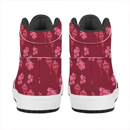 Pink Japanese Lantern Pattern Print High Top Leather Sneakers