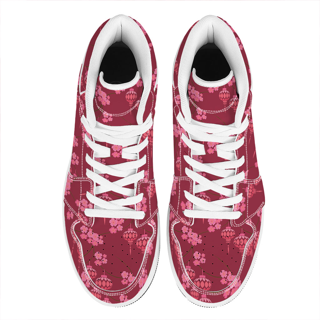 Pink Japanese Lantern Pattern Print High Top Leather Sneakers