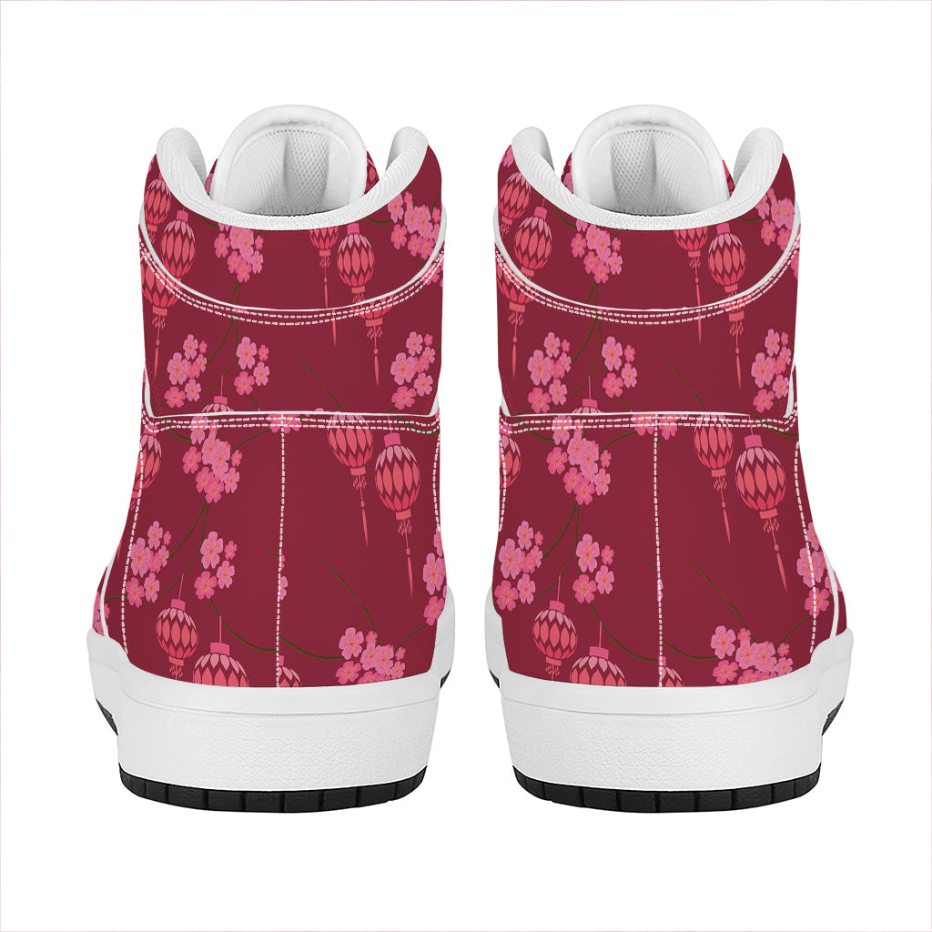 Pink Japanese Lantern Pattern Print High Top Leather Sneakers