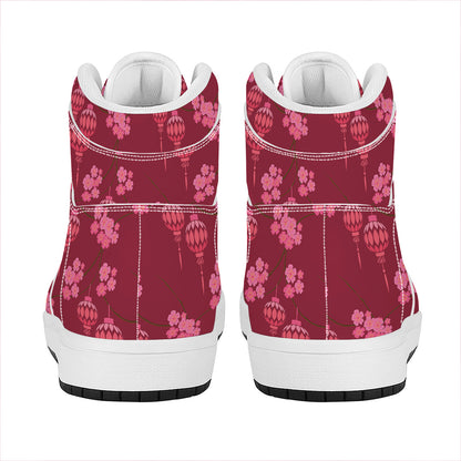 Pink Japanese Lantern Pattern Print High Top Leather Sneakers