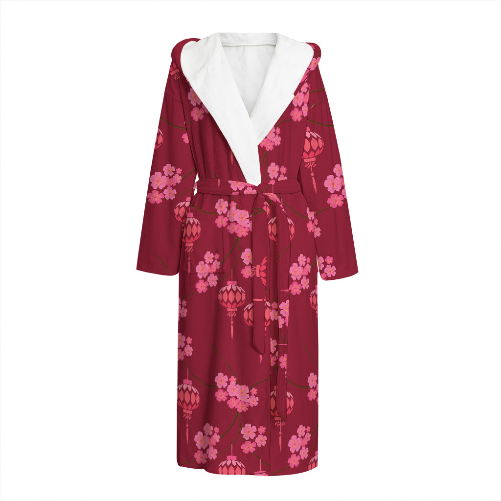 Pink Japanese Lantern Pattern Print Hooded Bathrobe