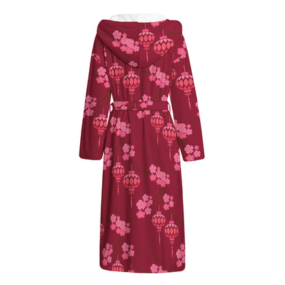 Pink Japanese Lantern Pattern Print Hooded Bathrobe
