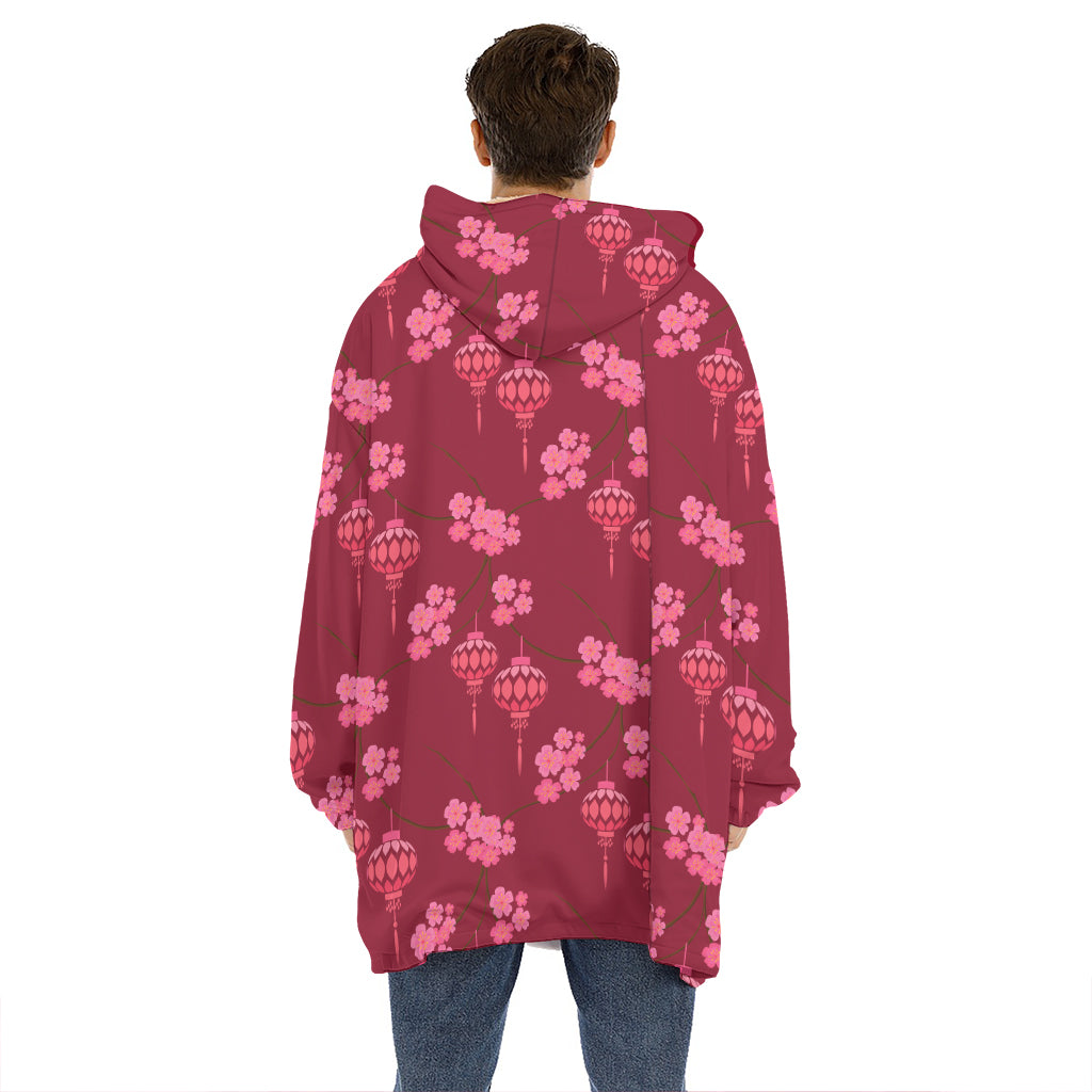 Pink Japanese Lantern Pattern Print Hoodie Blanket