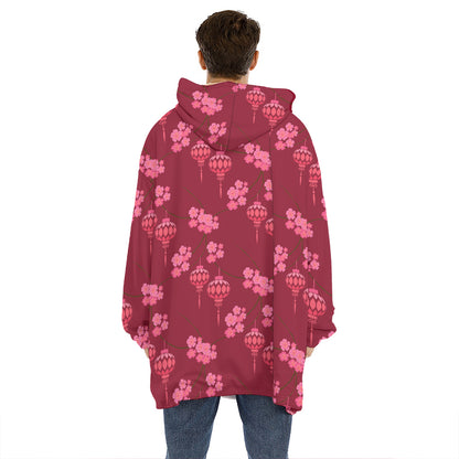 Pink Japanese Lantern Pattern Print Hoodie Blanket