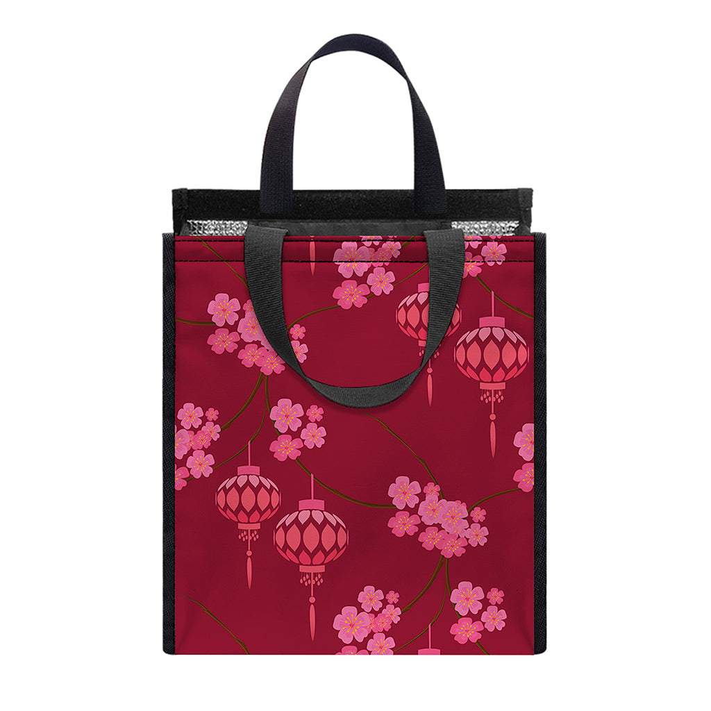 Pink Japanese Lantern Pattern Print Insulated Lunch Tote