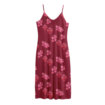 Pink Japanese Lantern Pattern Print Jersey Midi Cami Dress