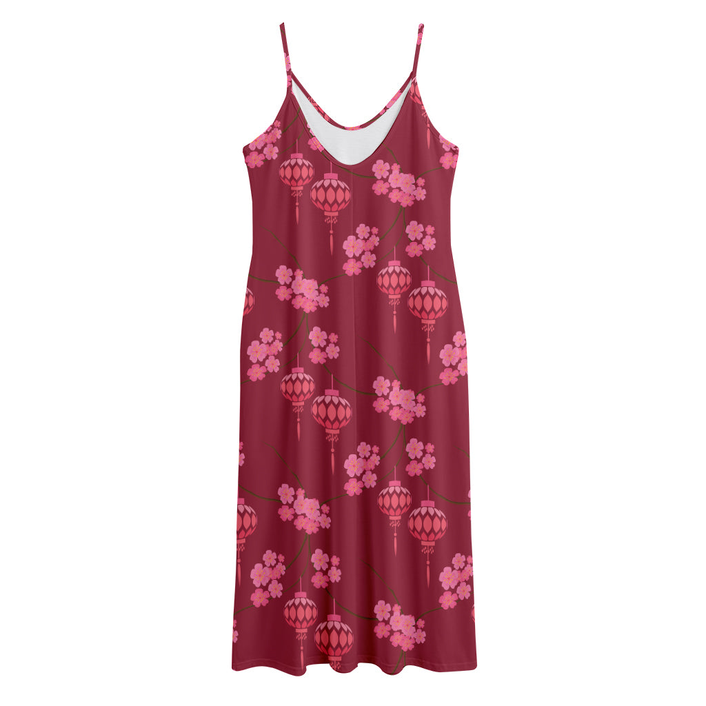 Pink Japanese Lantern Pattern Print Jersey Midi Cami Dress