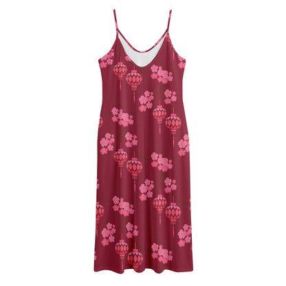 Pink Japanese Lantern Pattern Print Jersey Midi Cami Dress