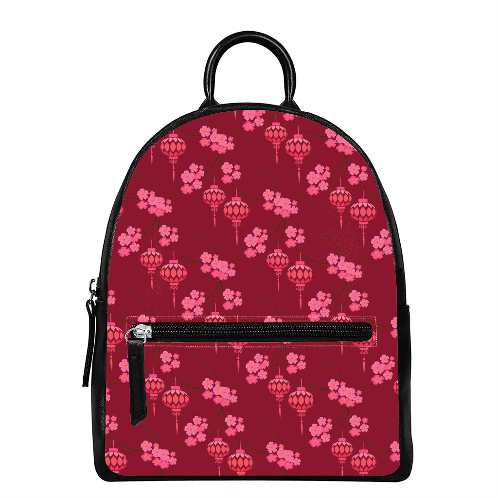 Pink Japanese Lantern Pattern Print Leather Backpack