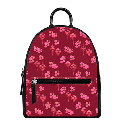 Pink Japanese Lantern Pattern Print Leather Backpack