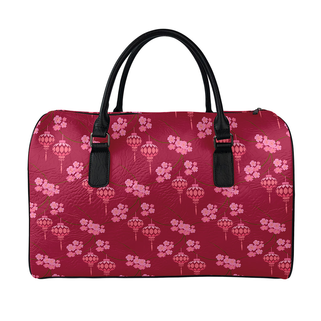 Pink Japanese Lantern Pattern Print Leather Duffle Bag