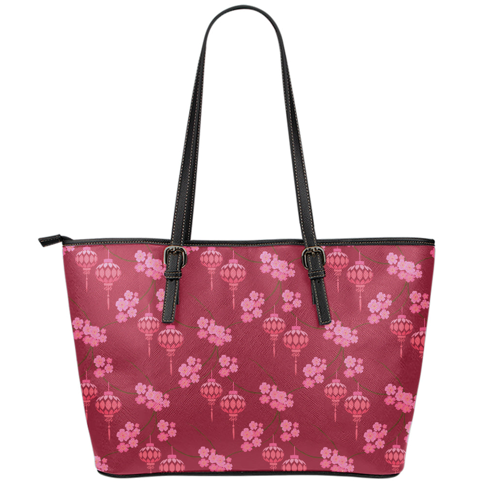 Pink Japanese Lantern Pattern Print Leather Tote Bag