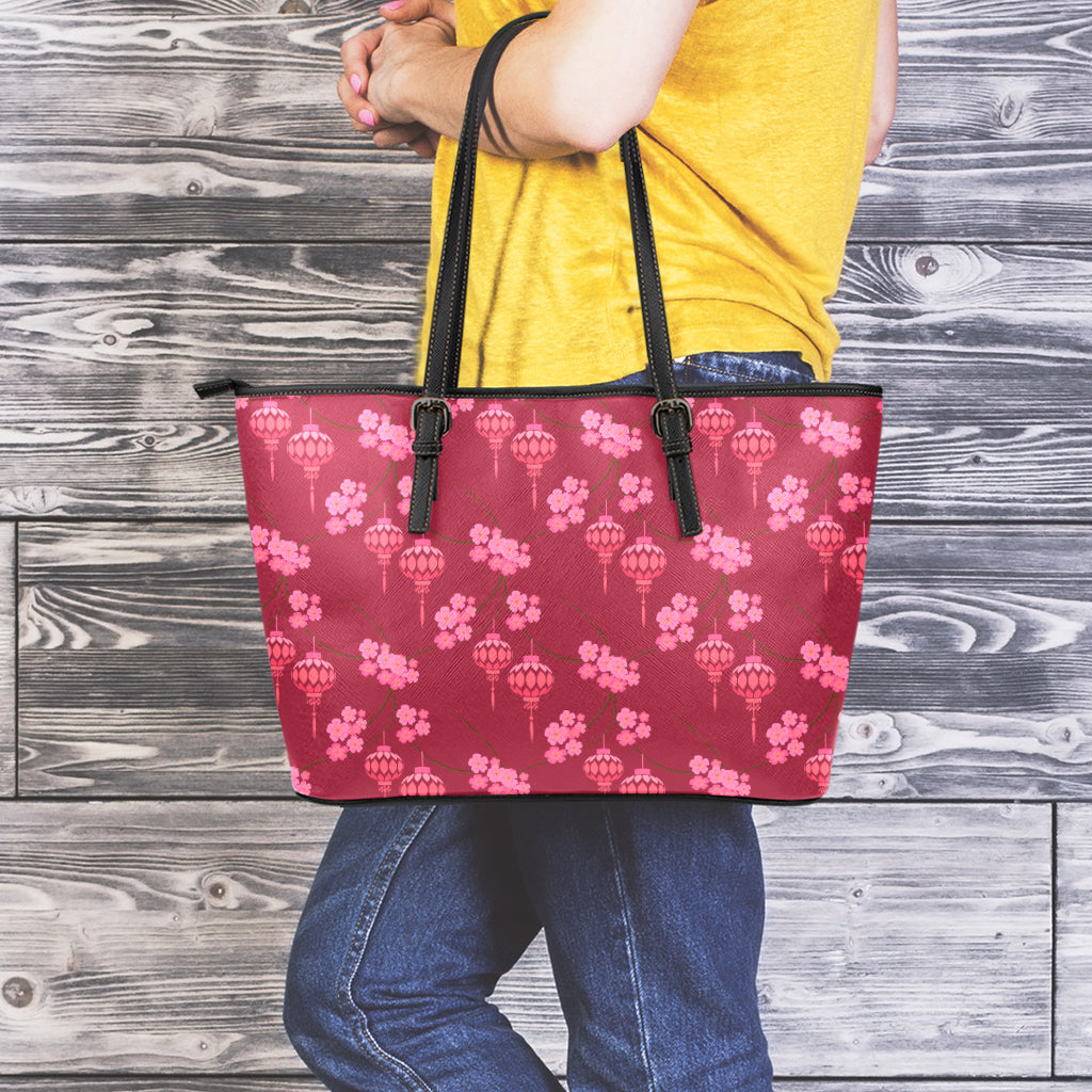 Pink Japanese Lantern Pattern Print Leather Tote Bag