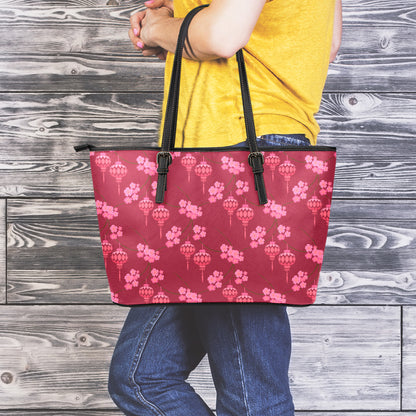 Pink Japanese Lantern Pattern Print Leather Tote Bag