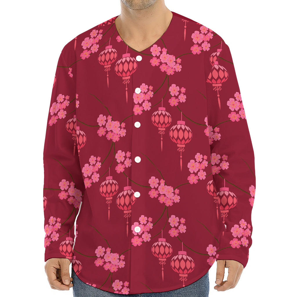 Pink Japanese Lantern Pattern Print Long Sleeve Baseball Jersey