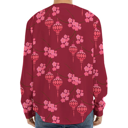 Pink Japanese Lantern Pattern Print Long Sleeve Baseball Jersey