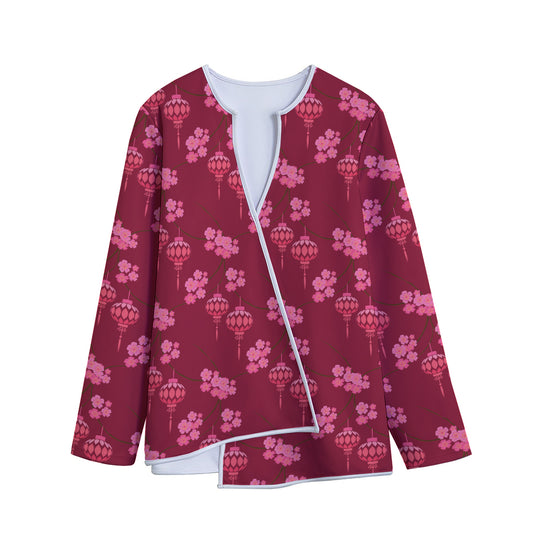 Pink Japanese Lantern Pattern Print Long Sleeve Short Coat