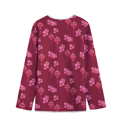 Pink Japanese Lantern Pattern Print Long Sleeve Short Coat