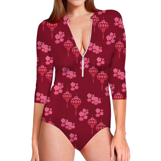 Pink Japanese Lantern Pattern Print Long Sleeve Swimsuit