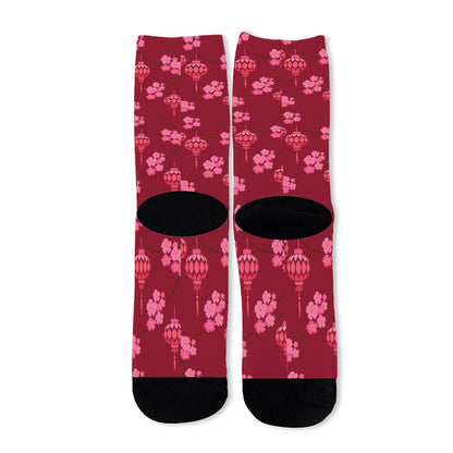 Pink Japanese Lantern Pattern Print Long Socks
