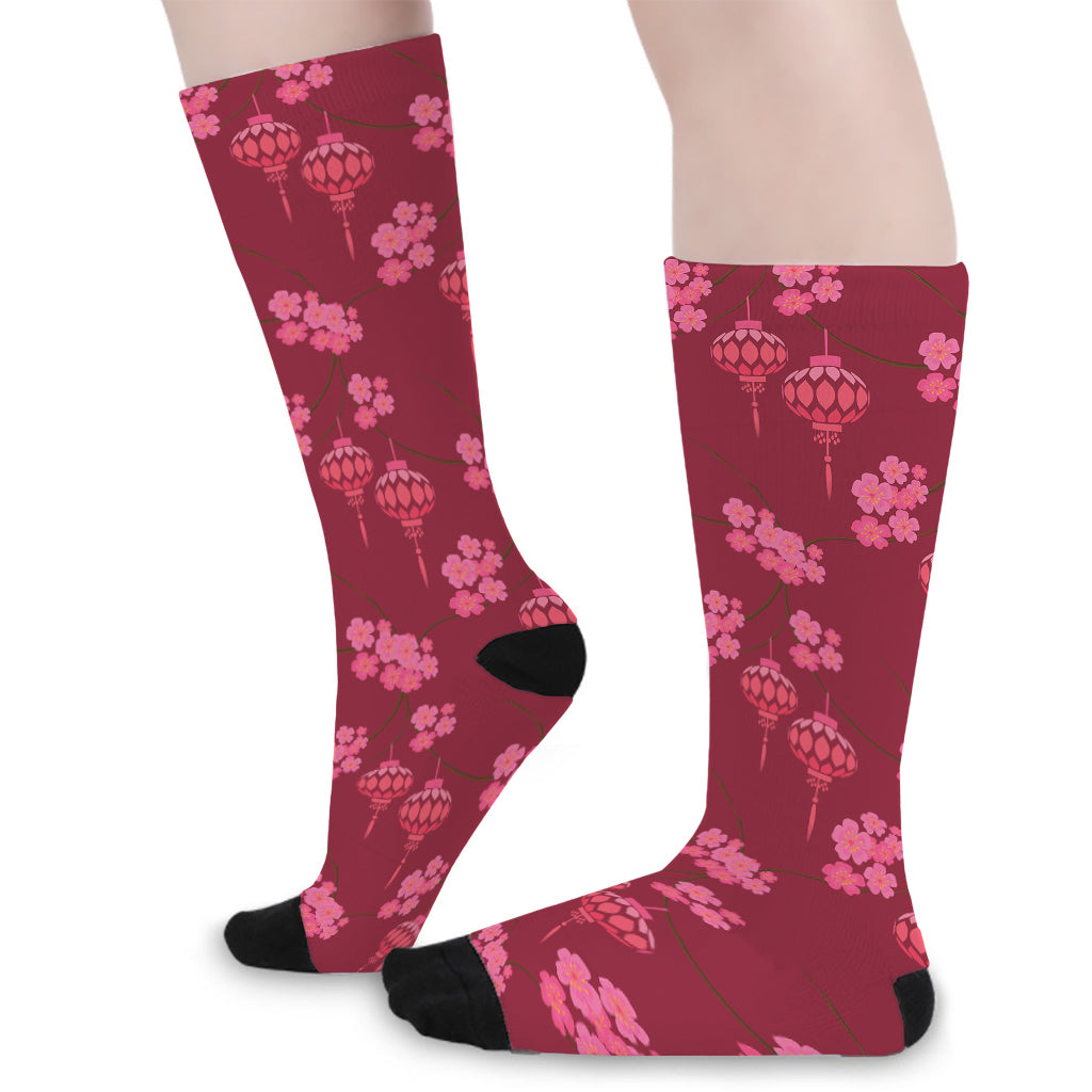 Pink Japanese Lantern Pattern Print Long Socks