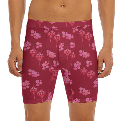 Pink Japanese Lantern Pattern Print Men's Long Boxer Briefs