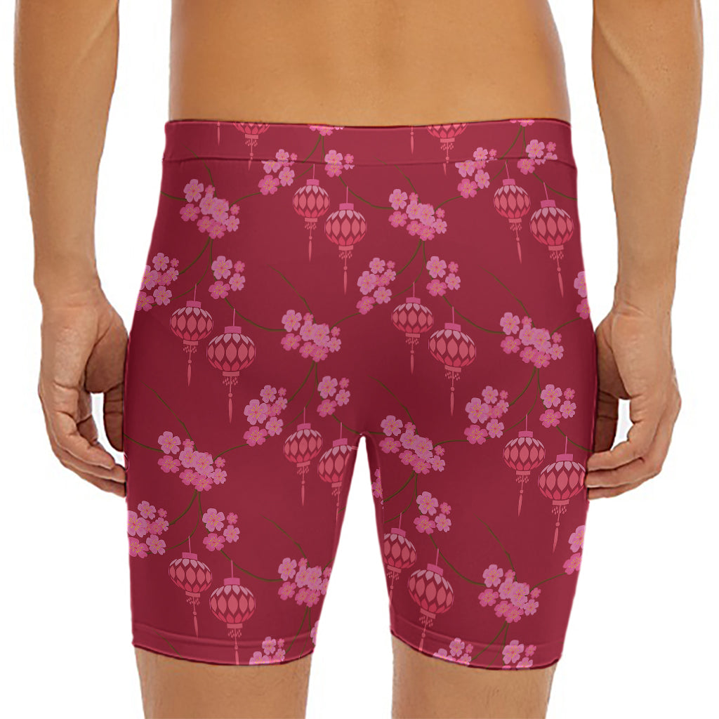 Pink Japanese Lantern Pattern Print Men's Long Boxer Briefs