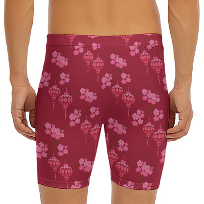 Pink Japanese Lantern Pattern Print Men's Long Boxer Briefs