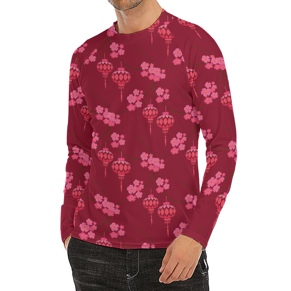 Pink Japanese Lantern Pattern Print Men's Long Sleeve Rash Guard