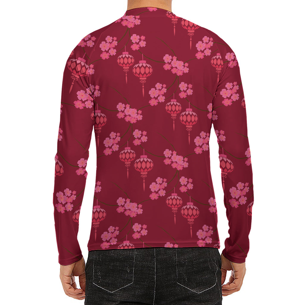 Pink Japanese Lantern Pattern Print Men's Long Sleeve Rash Guard
