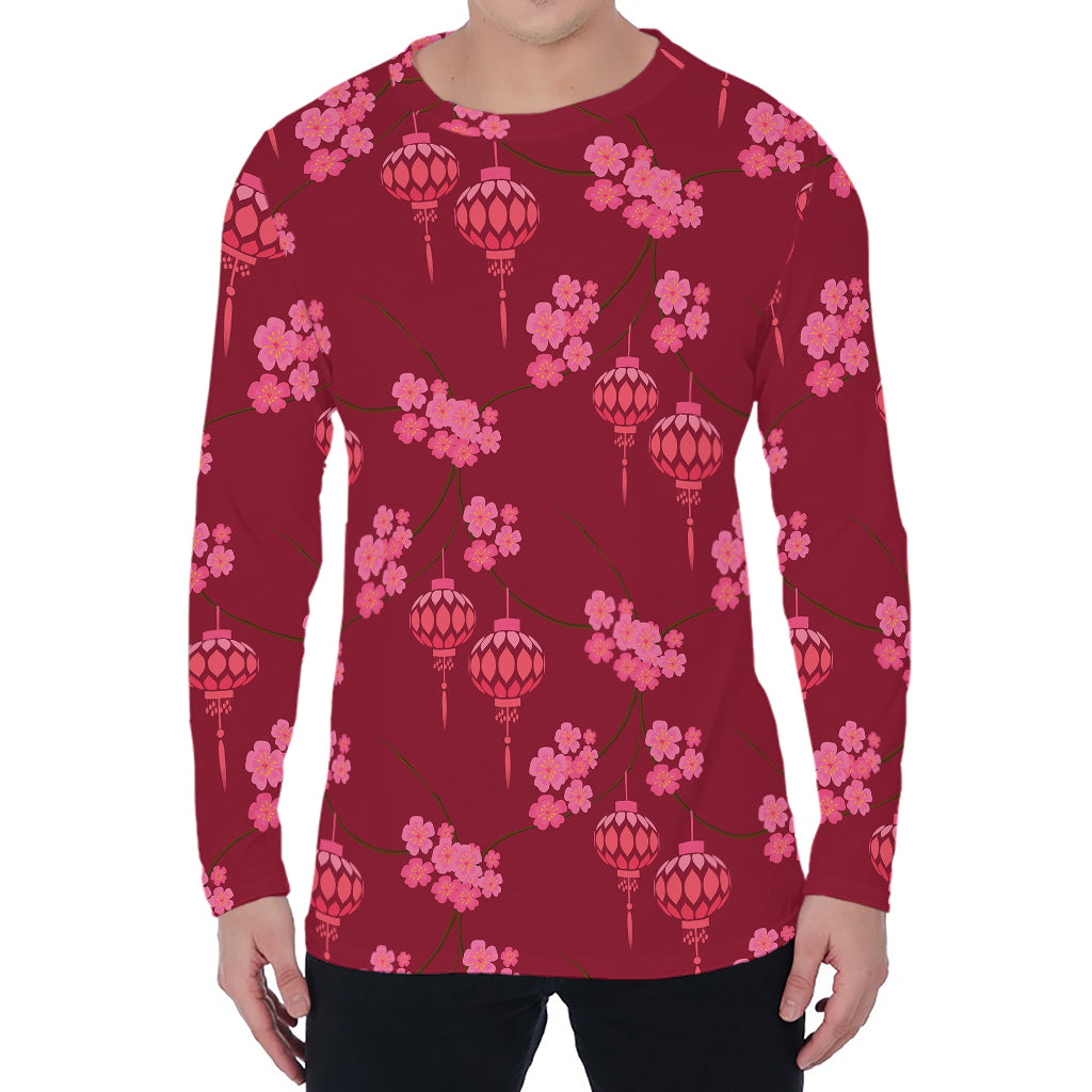 Pink Japanese Lantern Pattern Print Men's Long Sleeve T-Shirt