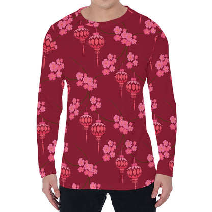 Pink Japanese Lantern Pattern Print Men's Long Sleeve T-Shirt