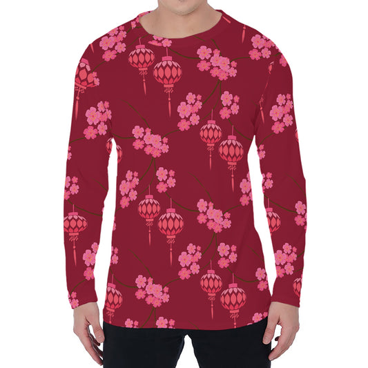 Pink Japanese Lantern Pattern Print Men's Long Sleeve T-Shirt
