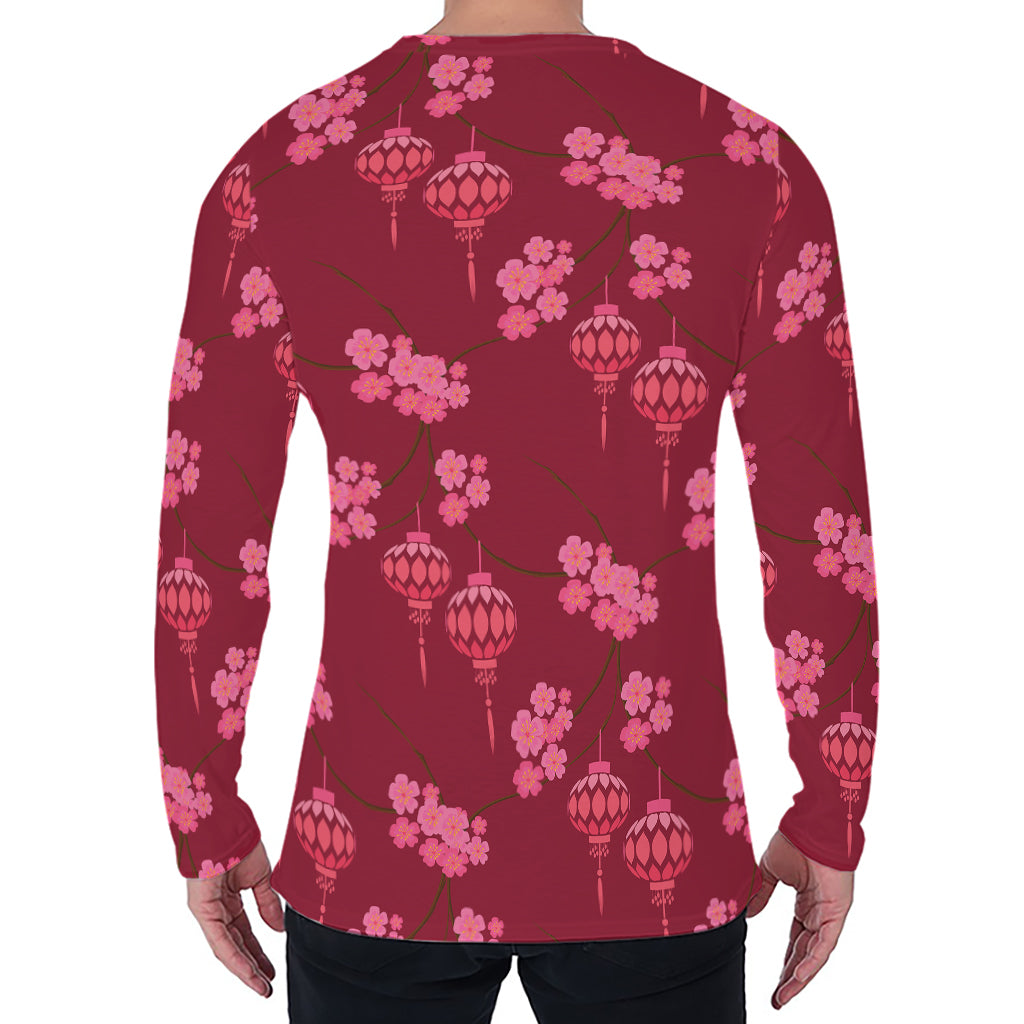 Pink Japanese Lantern Pattern Print Men's Long Sleeve T-Shirt