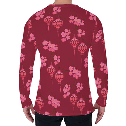 Pink Japanese Lantern Pattern Print Men's Long Sleeve T-Shirt