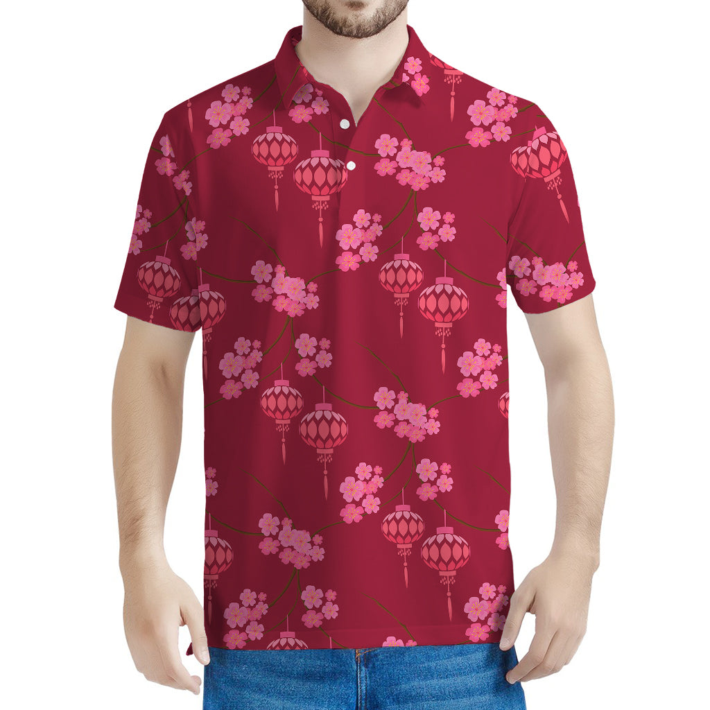 Pink Japanese Lantern Pattern Print Men's Polo Shirt