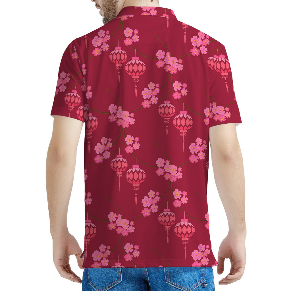Pink Japanese Lantern Pattern Print Men's Polo Shirt