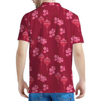 Pink Japanese Lantern Pattern Print Men's Polo Shirt