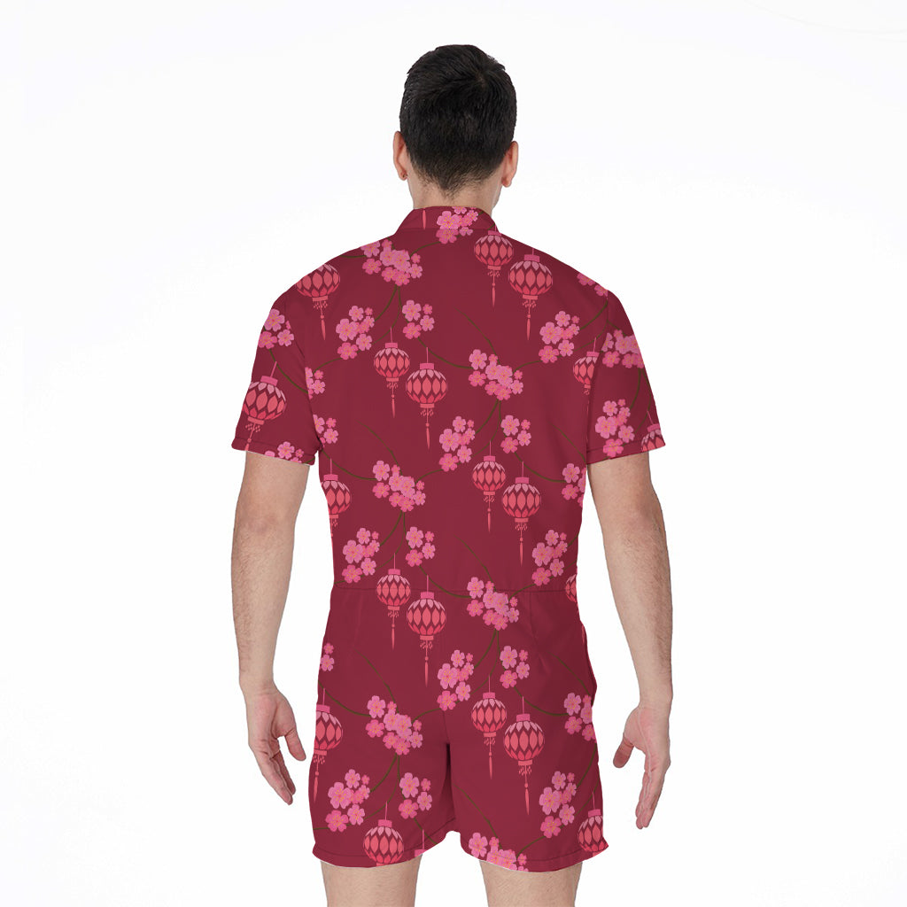 Pink Japanese Lantern Pattern Print Men's Rompers