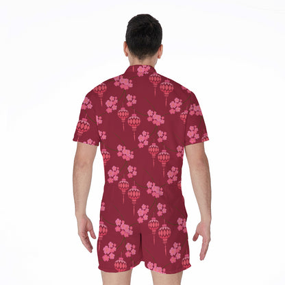 Pink Japanese Lantern Pattern Print Men's Rompers